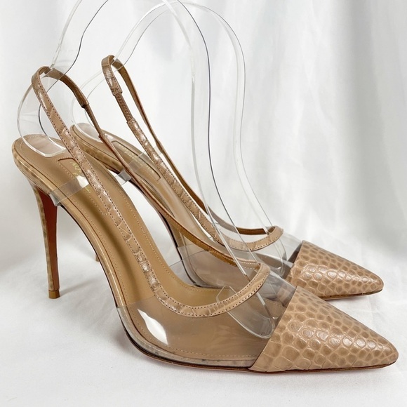 Aquzzura Temptation Crocodile Embossed PVC Leather Pointed Toe Heels Tan EU 38